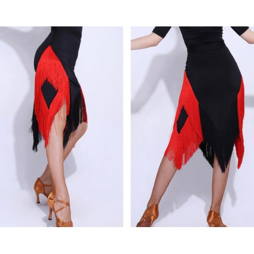 Women's black with red fringes latin dance skirts salsa rumba chacha dance skirts